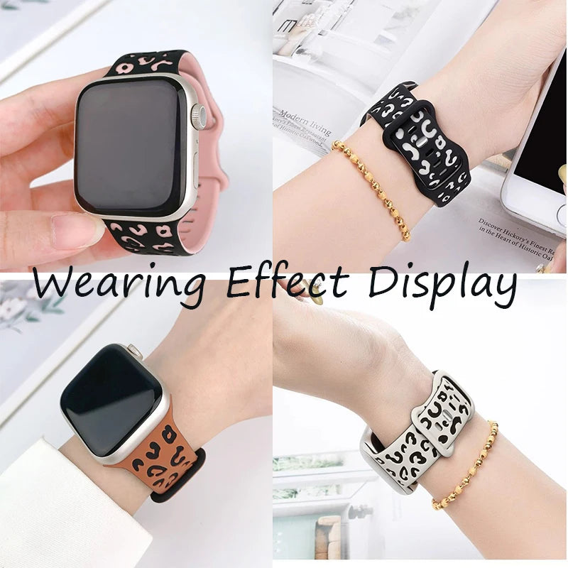 Engraved Leopard Print Silicone Apple Watch Band 10 Straps 42/46mm 44mm 45mm 38/40/41mm Series 987SE654321 Ultra 2 49mm