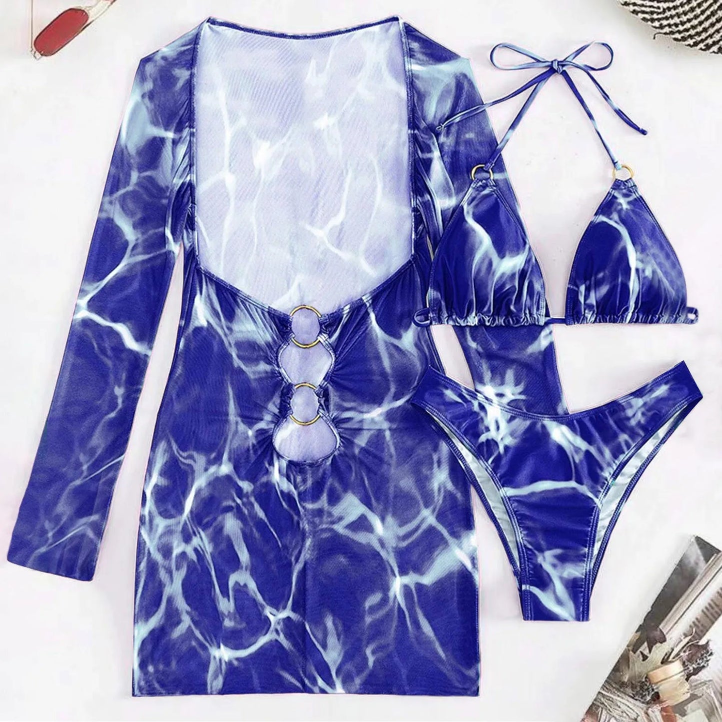 Sexy Print Hollow Out Women's 3 Pcs Cover Dress & Bikini Set