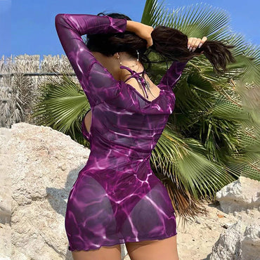 Sexy Print Hollow Out Women's 3 Pcs Cover Dress & Bikini Set