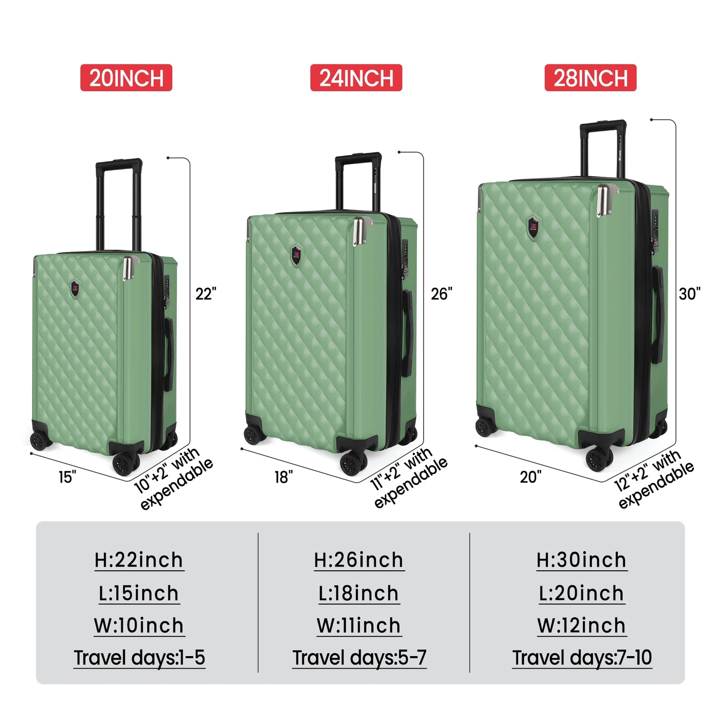 Sleek PP Hard Shell Lightweight Expandable Suitcase Set with Spinner Wheels & TSA Lock - 20"/24"/28"