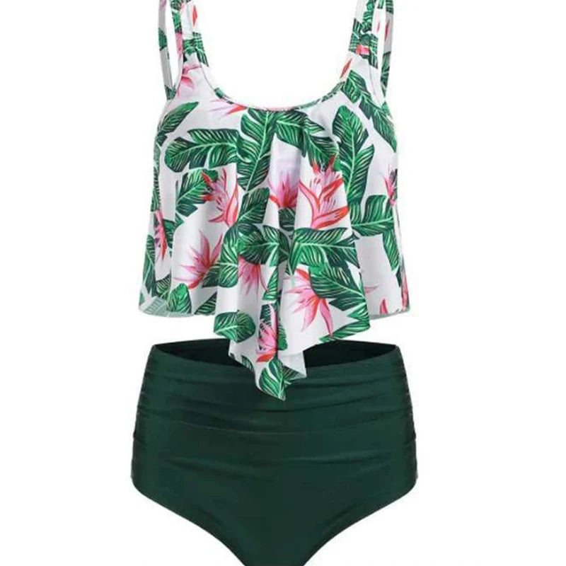 Beautiful Ruffle Hem Top & High Waist Mixed Print Tankini Swimsuit