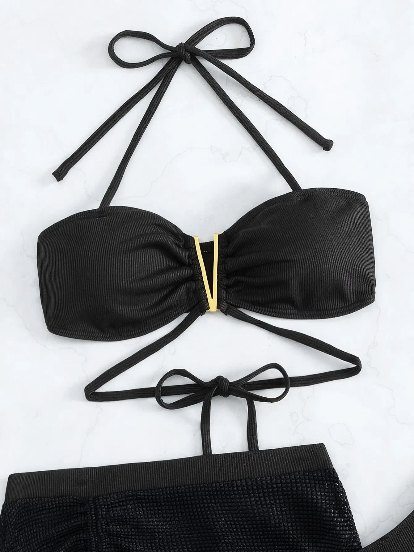 Sexy Gold V Design Halter Bikini Women's Swimsuit and Coverup Skirt Set