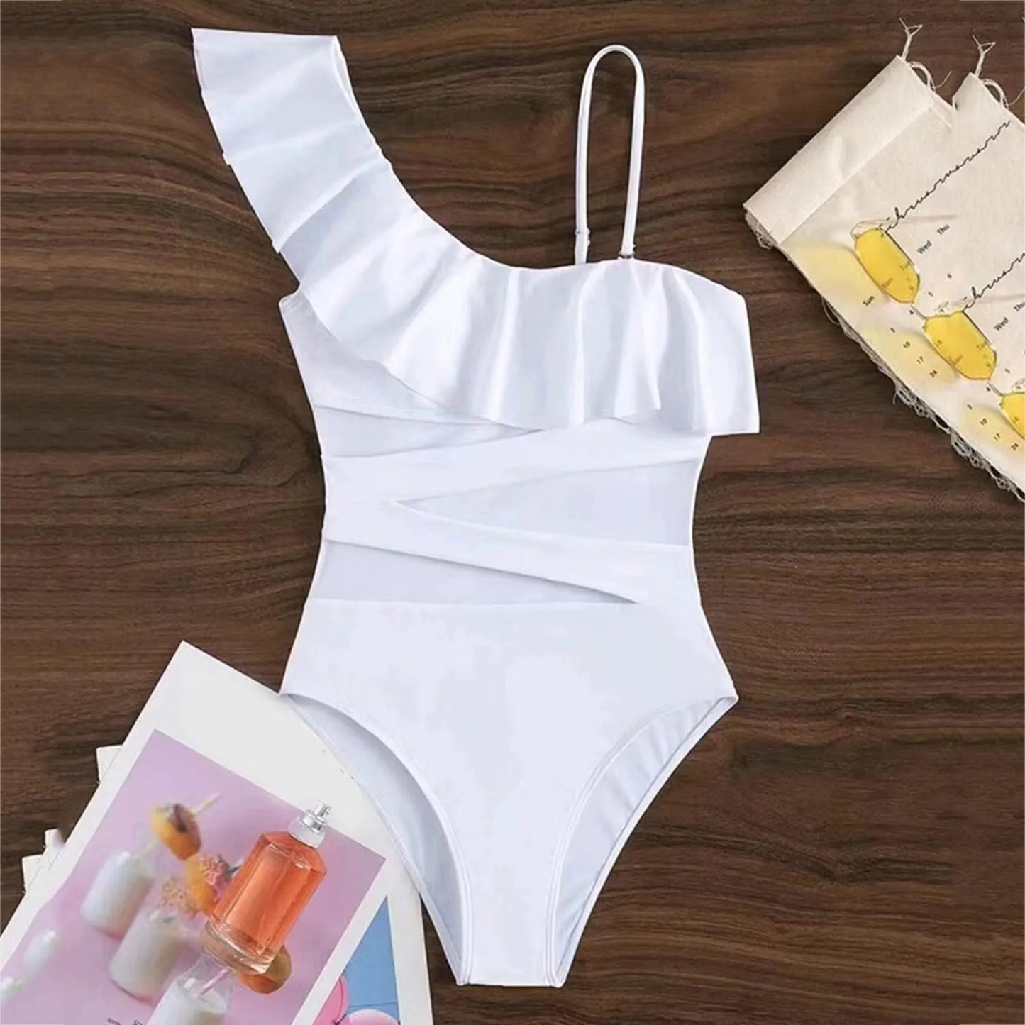 Sexy Mesh Cutout Asymmetrical Ruffle Trim Women's Monokini Swimsuit