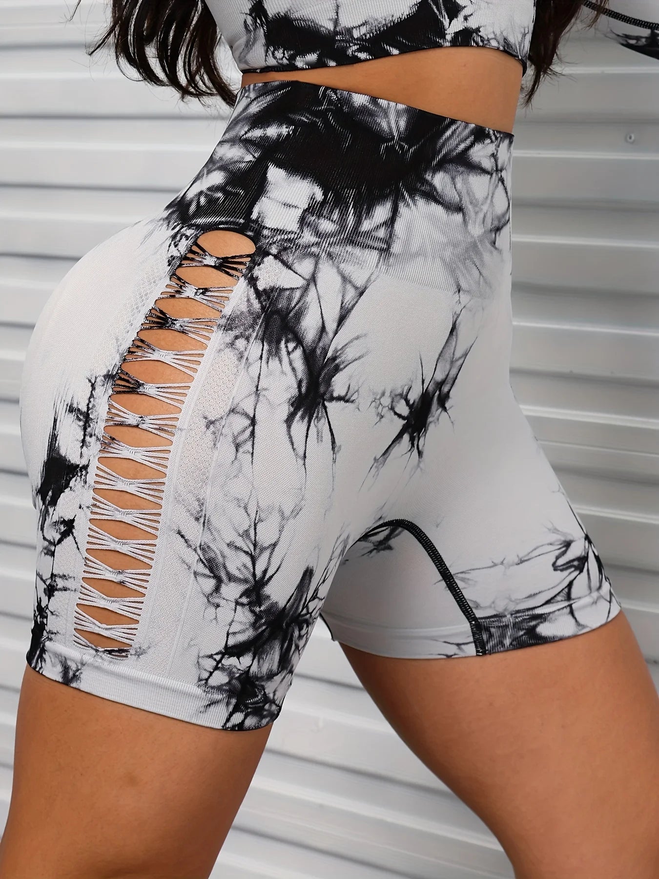 Sexy Tie Dye Hollow Out Side Seamless women's Yoga Shorts