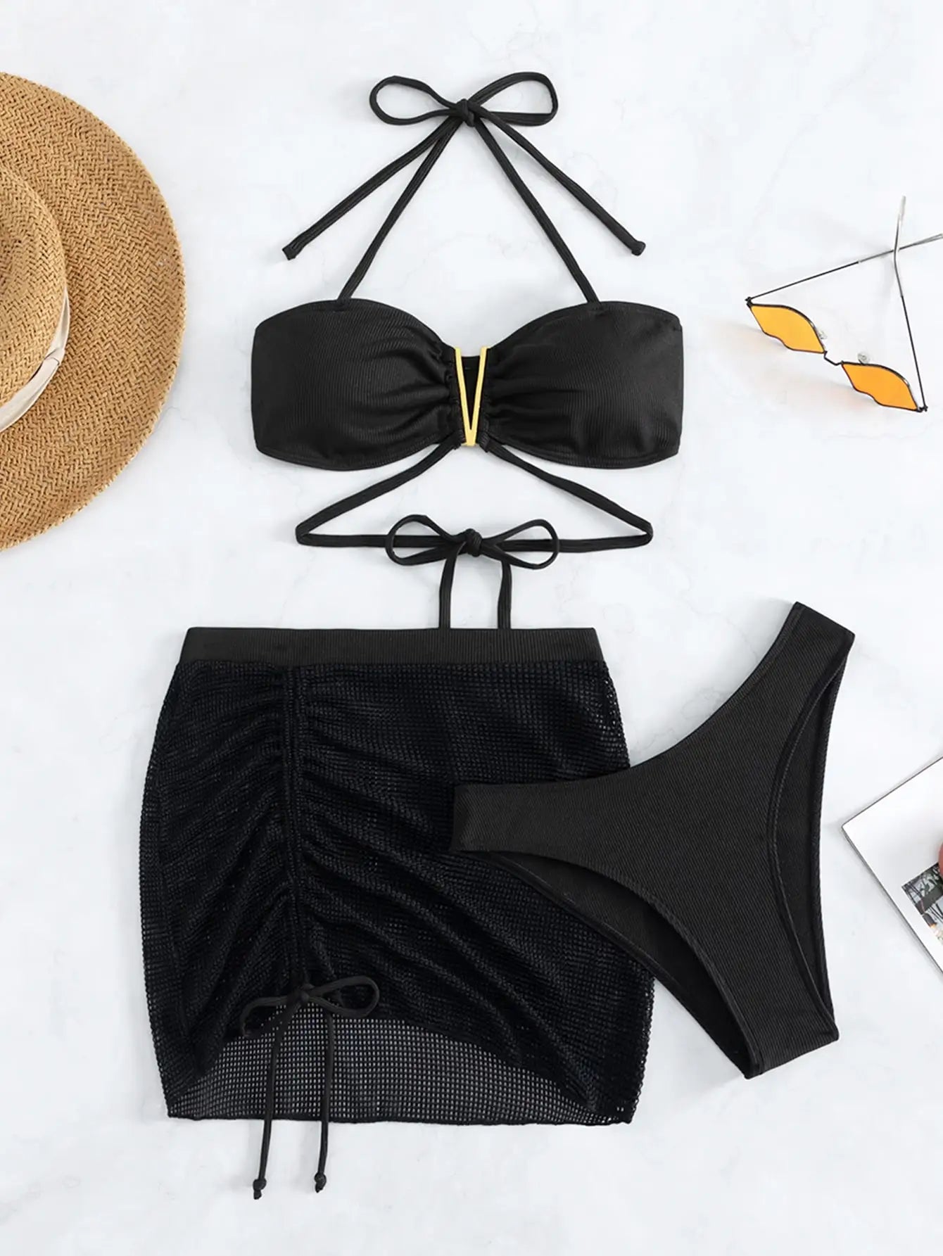 Sexy Gold V Design Halter Bikini Women's Swimsuit and Coverup Skirt Set