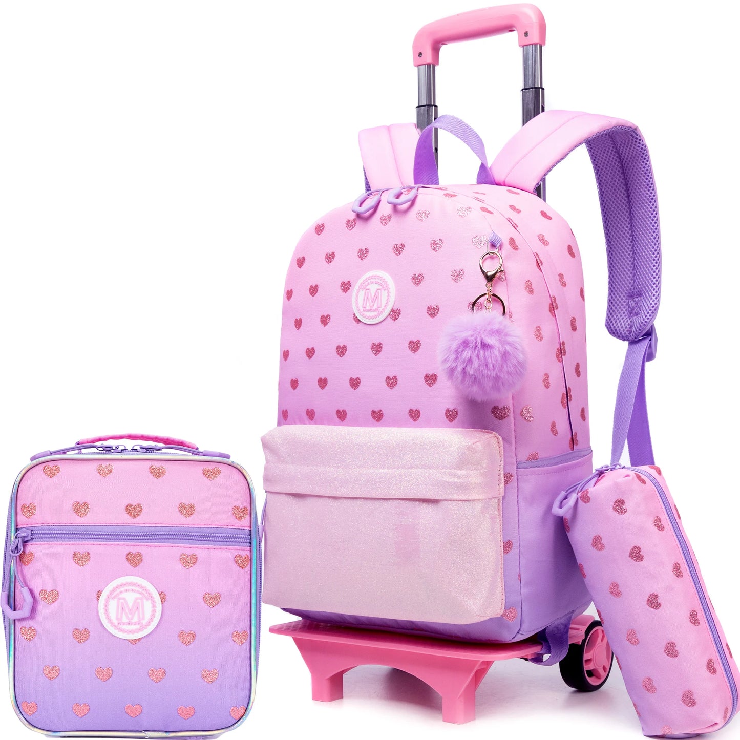 Cute 3PCS Rolling Backpack For Girls - Ribbon Bow Girls Trolley Backpack