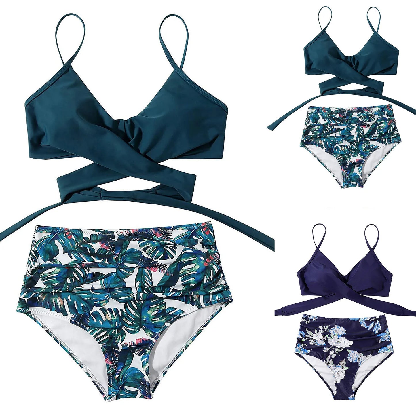 Sexy Criss Cross Top & Floral Print High Waisted Women's Bikini Swimsuit