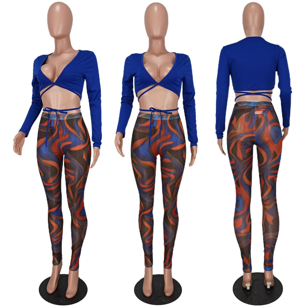 Sexy Lace Up Crop Top & Print Sheer Mesh Pants Set