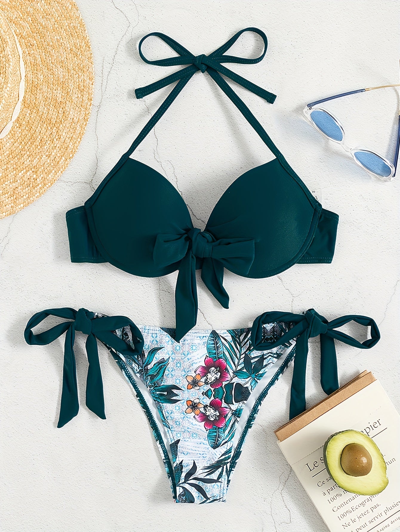 Sexy Floral Print, Halter V-Neck, Bow Detail, Bikini Swimsuit