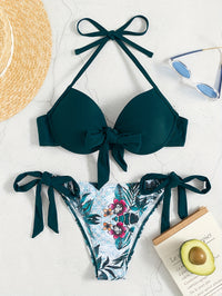 Sexy Floral Print, Halter V-Neck, Bow Detail, Bikini Swimsuit