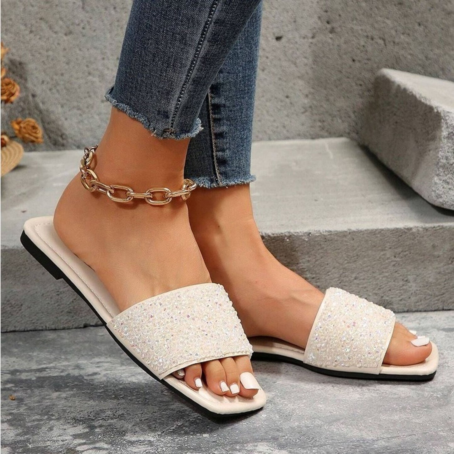 Classic Women's Rhinestone Fashion Square Open Toe Flat Bottom Slide Sandals