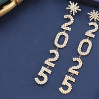 Elegant Rhinestone Snowflake 2025 Number Drop Earrings - Stainless Steel, Alloy With Crystal Tassel Design