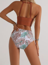 High Waist Leaf Print O Neck High Cut Bikini Sets