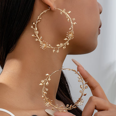 Beautiful Vintage Style 2 Piece Golden Floral Branch Butterfly Large Hoop Earrings Set