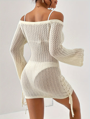 Sexy Off-Shoulder Drawstring Knitted Cut Out Swimsuit Coverup Dress