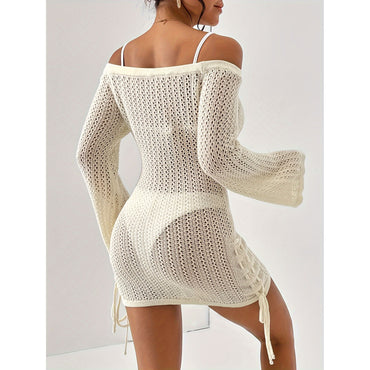 Sexy Off-Shoulder Drawstring Knitted Cut Out Swimsuit Coverup Dress