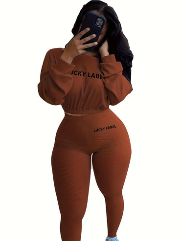 Lucky - Casually Sexy Womens 2 Piece Long Sleeve Ribbed Crop Top & Skinny Long Pants Sweatsuit Jogger Set