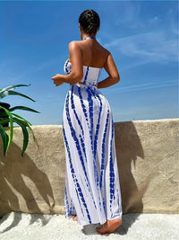 Elegant Blue & White Printed 3 Piece Bikini and Cover Up Skirt Set