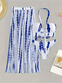 Elegant Blue & White Printed 3 Piece Bikini and Cover Up Skirt Set