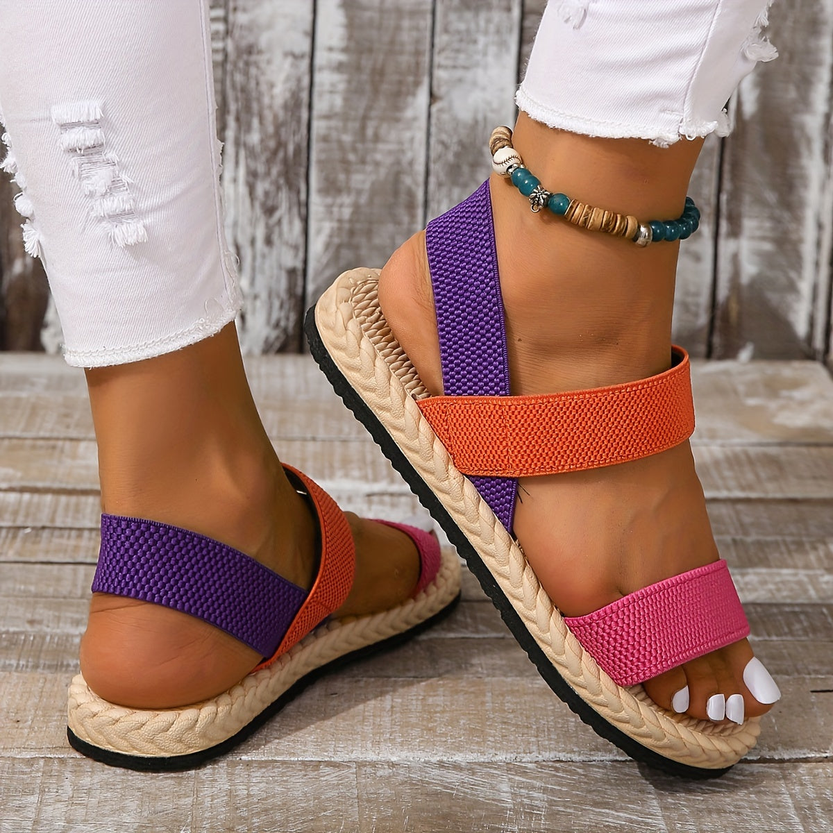 Classic Colorful Women's Woven Elastic Lightweight Slip On Sandals