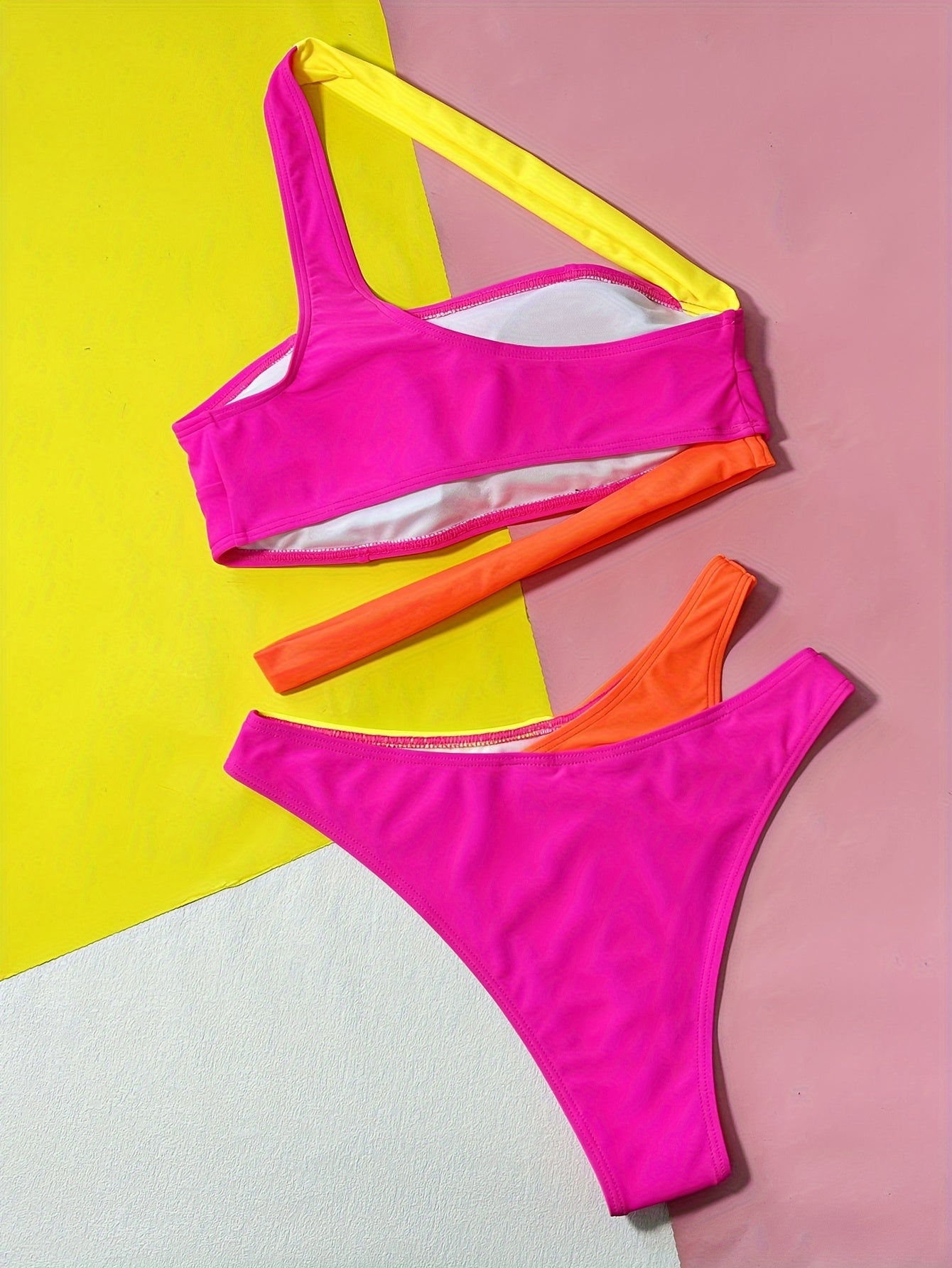 Chic Sexy Bright Color Block One-Shoulder Bikini Swimsuit