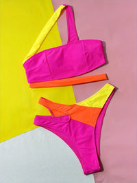 Chic Sexy Bright Color Block One-Shoulder Bikini Swimsuit