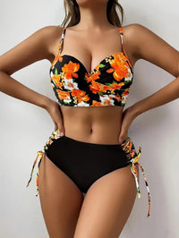 Beautiful Floral Print Women's Cross-Back Underwire Bra & Lace-Up Side Bikini Swimsuit