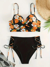 Beautiful Floral Print Women's Cross-Back Underwire Bra & Lace-Up Side Bikini Swimsuit