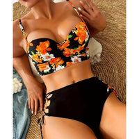 Beautiful Floral Print Women's Cross-Back Underwire Bra & Lace-Up Side Bikini Swimsuit