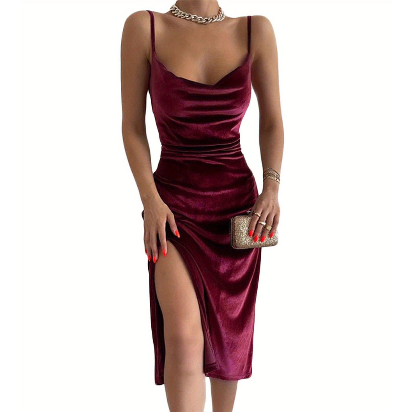 Casual Velour Women's Slip Low Cut High Slit Midi Dress