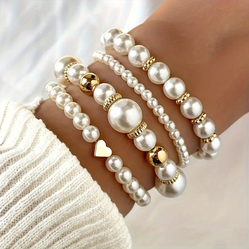 Dainty 4-Piece Faux Pearl White Beaded Timeless Handcrafted Adjustable Bracelet Set