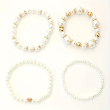 Dainty 4-Piece Faux Pearl White Beaded Timeless Handcrafted Adjustable Bracelet Set