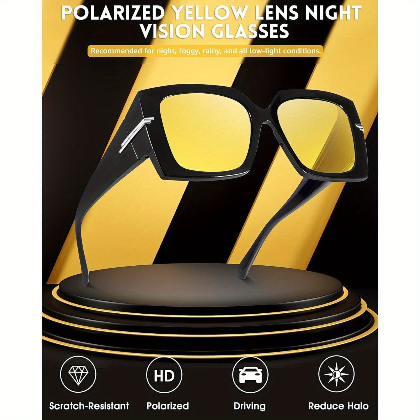 Oversized Fit Over Glasses Polarized Eyewear with Yellow Tinted Lens for Nighttime Driving, Wide Vision and Clarity, Anti-Glare Protection