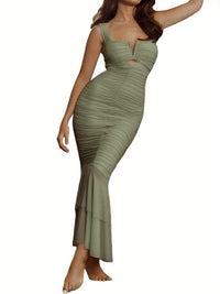 Sexy Women's V-Neck Sleeveless Ruched Fishtail Hem Long Bodycon Dress