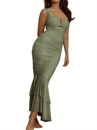 Sexy Women's V-Neck Sleeveless Ruched Fishtail Hem Long Bodycon Dress