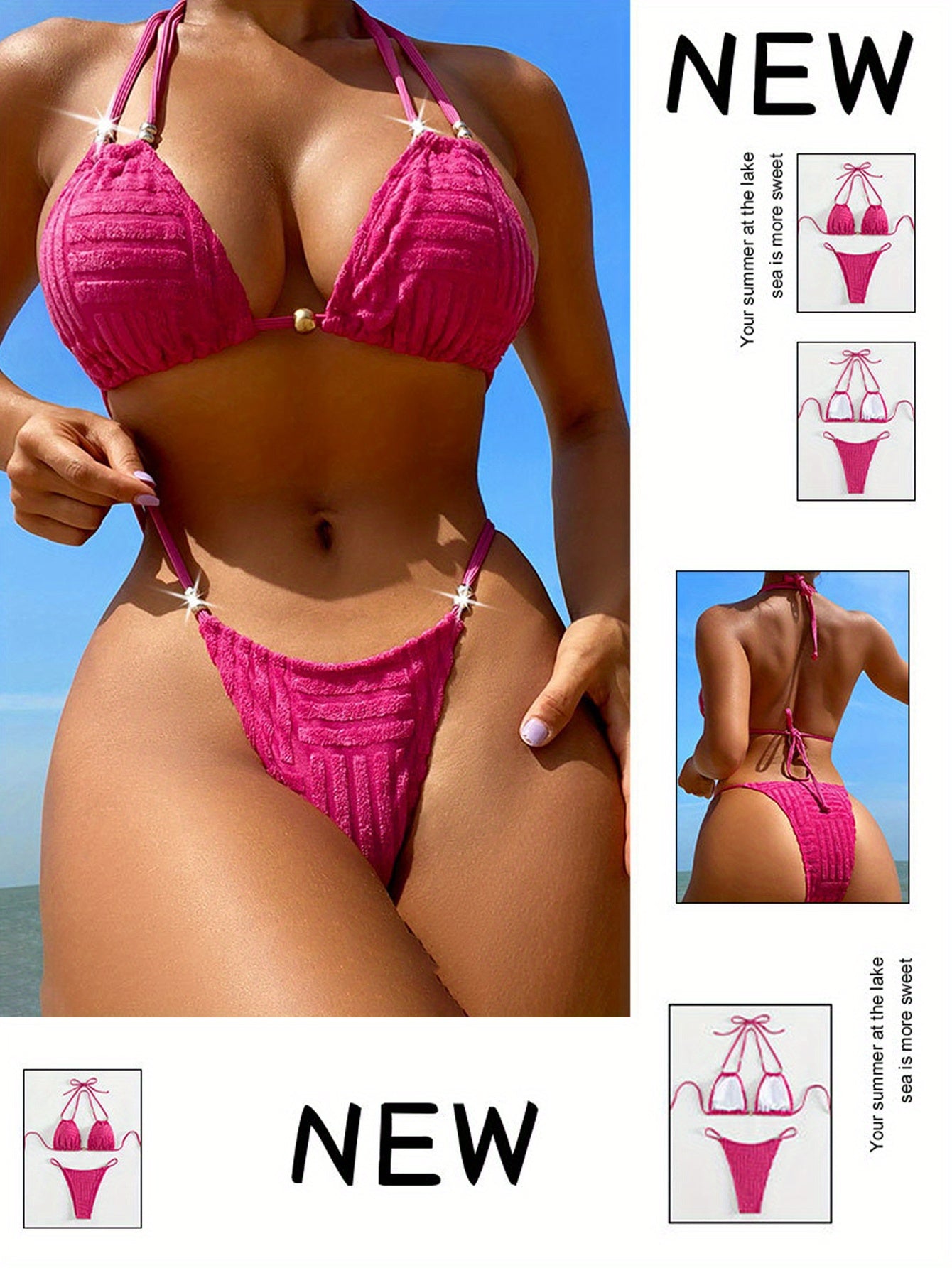 Sexy Pink Bead Strap Textured Fabric Bikini Swimsuit