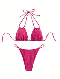 Sexy Pink Bead Strap Textured Fabric Bikini Swimsuit