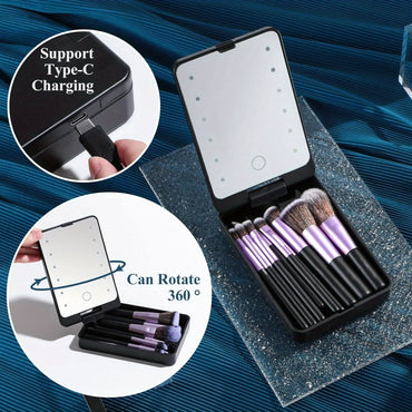 15 pcs Purple Travel Integrated Foundation, Powder, Concealer and Eyeshadow Multi-Functional, Special LED Light Mirror Makeup Brush Set