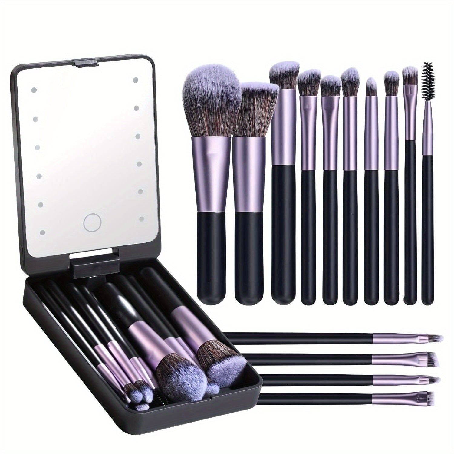 15 pcs Purple Travel Integrated Foundation, Powder, Concealer and Eyeshadow Multi-Functional, Special LED Light Mirror Makeup Brush Set