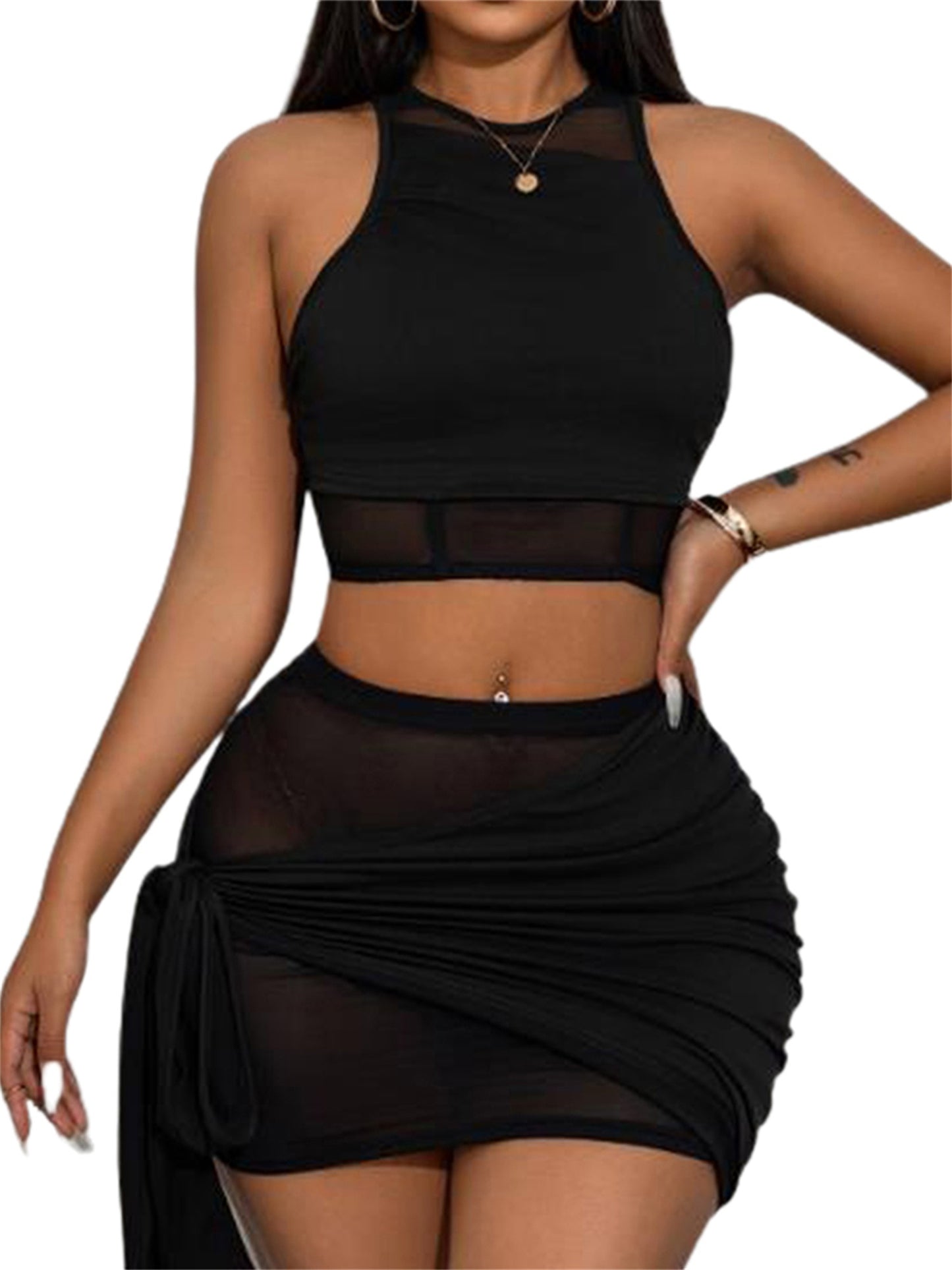 Elegant Solid Color Crop Tank Top & Tie-Side Mini Skirt Bodycon Outfit Set