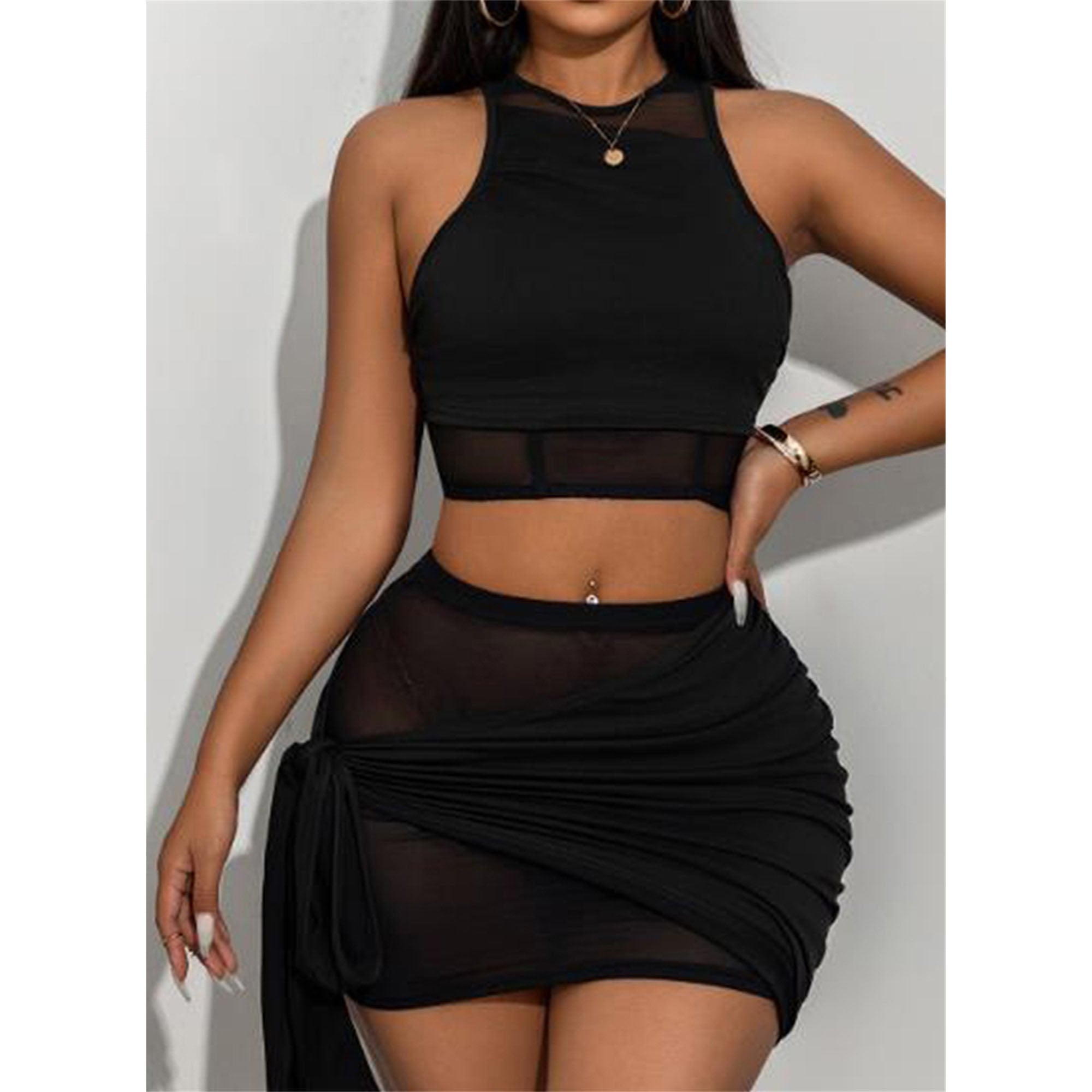 Elegant Solid Color Crop Tank Top & Tie-Side Mini Skirt Bodycon Outfit Set