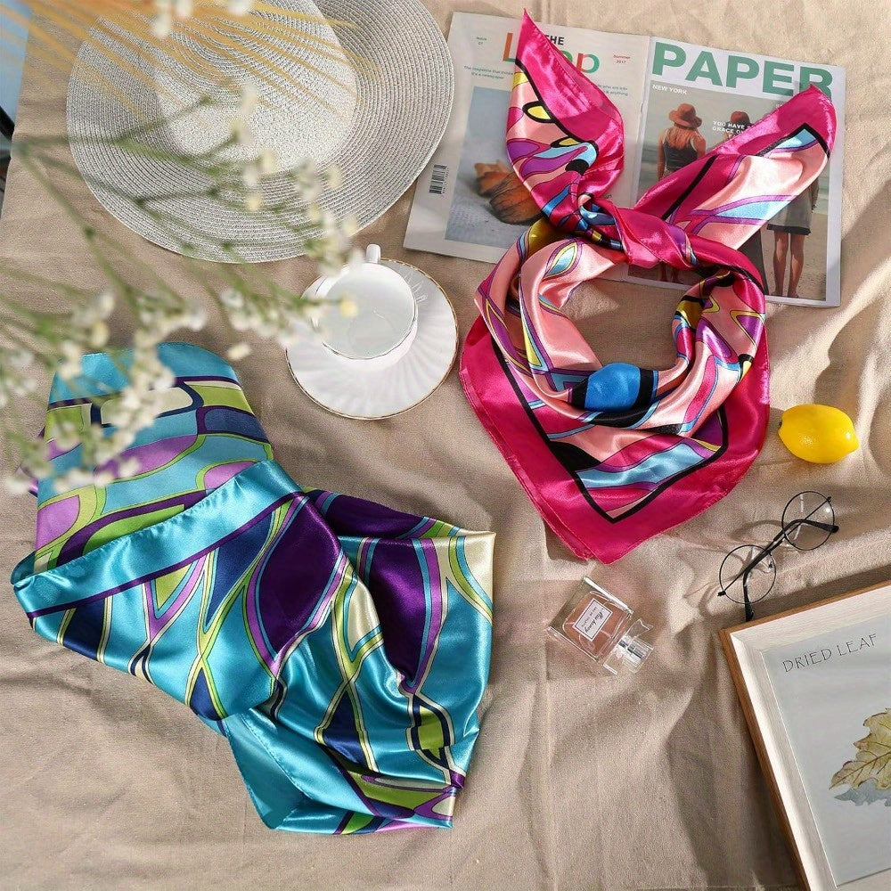 2Pcs Silk Like Print Square Satin Head Scarves