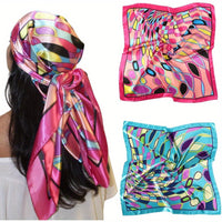 2Pcs Silk Like Print Square Satin Head Scarves