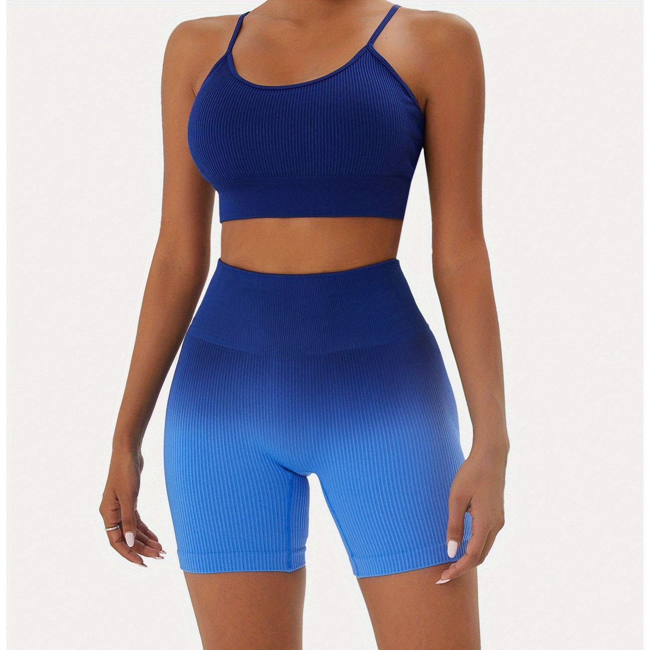 Casual Ombre Blue Seamless Yoga Sports Bra  & High Waist Biker Shorts Set