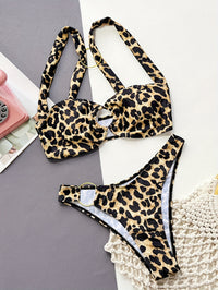 Sexy Leopard Print Gold Ring Accent High Cut Bikini