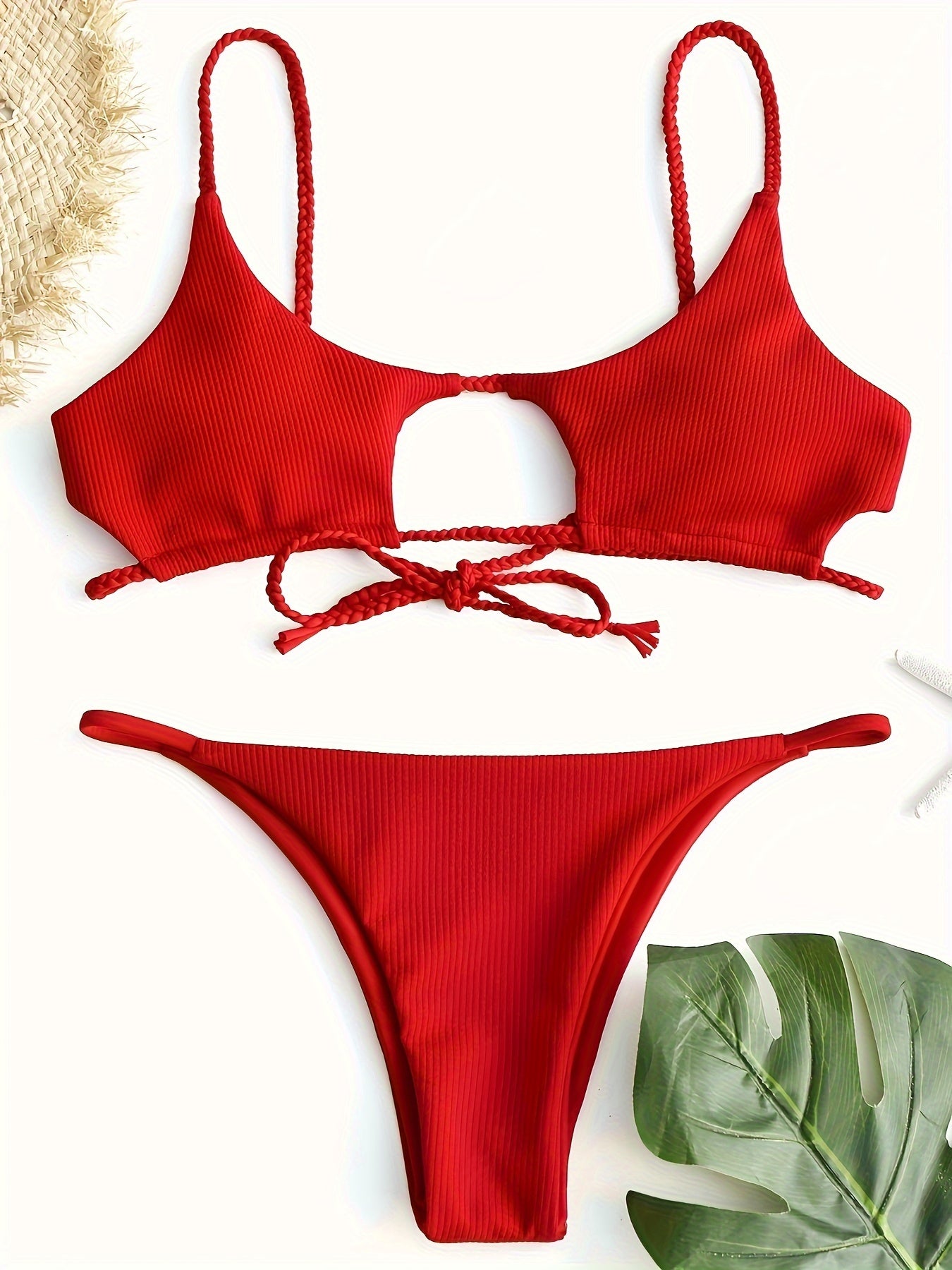 Sexy Red High Cut, Spaghetti Strap, Cut Out Brazilian Bikini Swimsuit