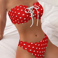 Cute Women's Heart Print Unique Scallop Trim Strapless Top & High-Cut Bikini Swimsuit