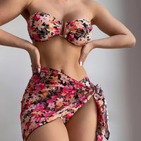 Sexy Metal U-Shaped 3 Piece Floral Print Bikini and Wrap Skirt Swimsuit Set