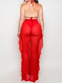 Sexy Halter Bikini Top & Ruffles Side Sheer Mesh Pants Cover Up Set