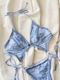 Sultry Cut-Out  Backless Halter Neck, Faux Denim Print Monokini